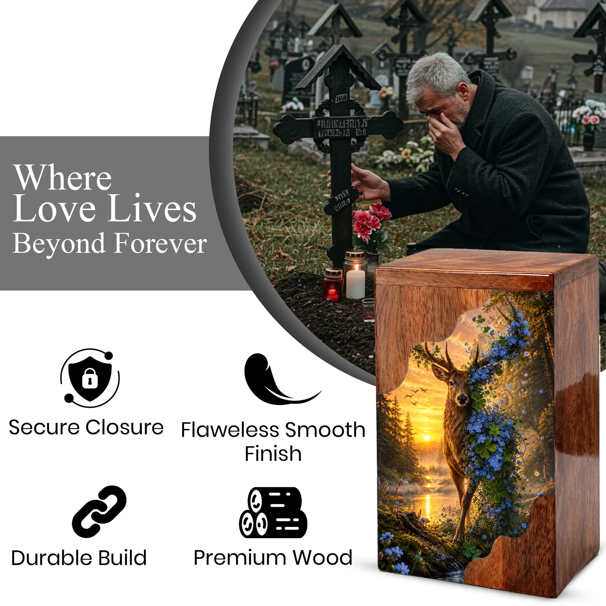 Deer Wooden Cremation Urn – Nature Memorial Urn for Human Ashes