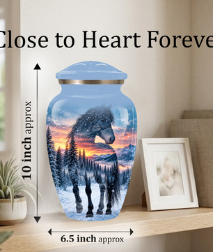 Snowy Horse Cremation Urn for Adult Ashes, Black Horse in Winter Forest Memorial Urn, Personalized Urn for Human Ashes