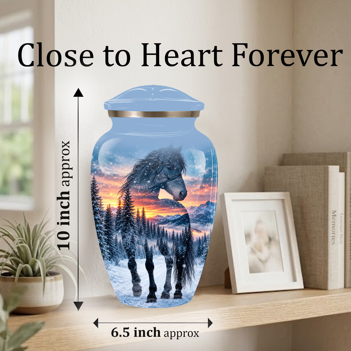 Snowy Horse Cremation Urn for Adult Ashes, Black Horse in Winter Forest Memorial Urn, Personalized Urn for Human Ashes
