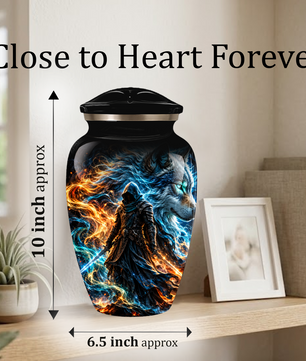 Personalized Adult Cremation Urn for Ashes, Custom Wolf Memorial Urn, Fantasy Warrior Blue and Orange Flame Artwork