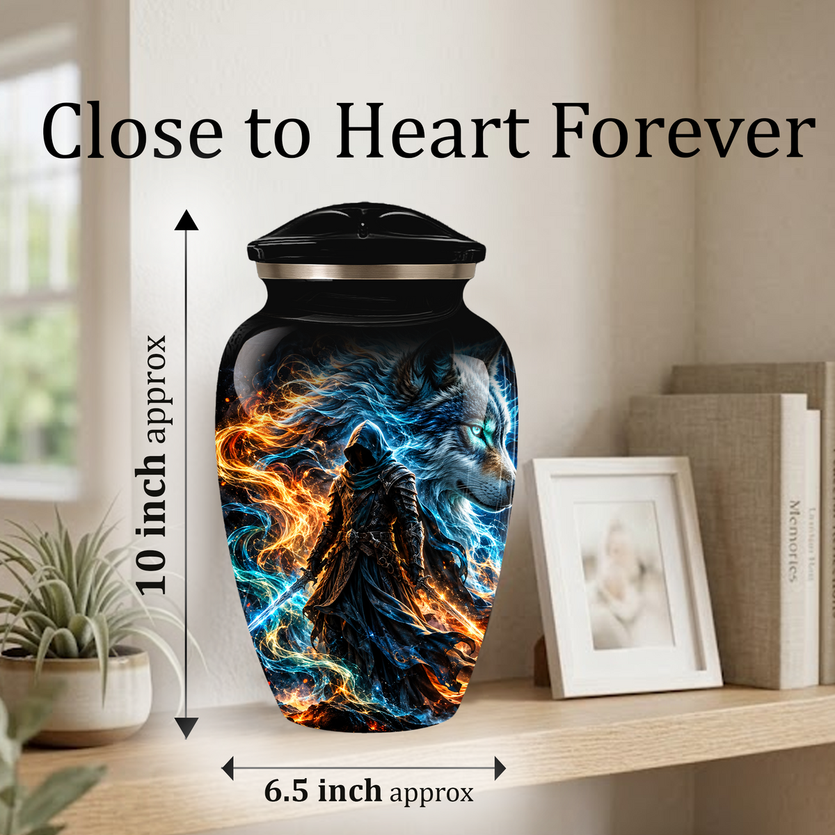 Personalized Adult Cremation Urn for Ashes, Custom Wolf Memorial Urn, Fantasy Warrior Blue and Orange Flame Artwork