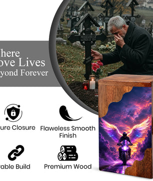 Motorcycle Angel Wings Wooden Cremation Urn – Ride Free Memorial Urn for Human Ashes
