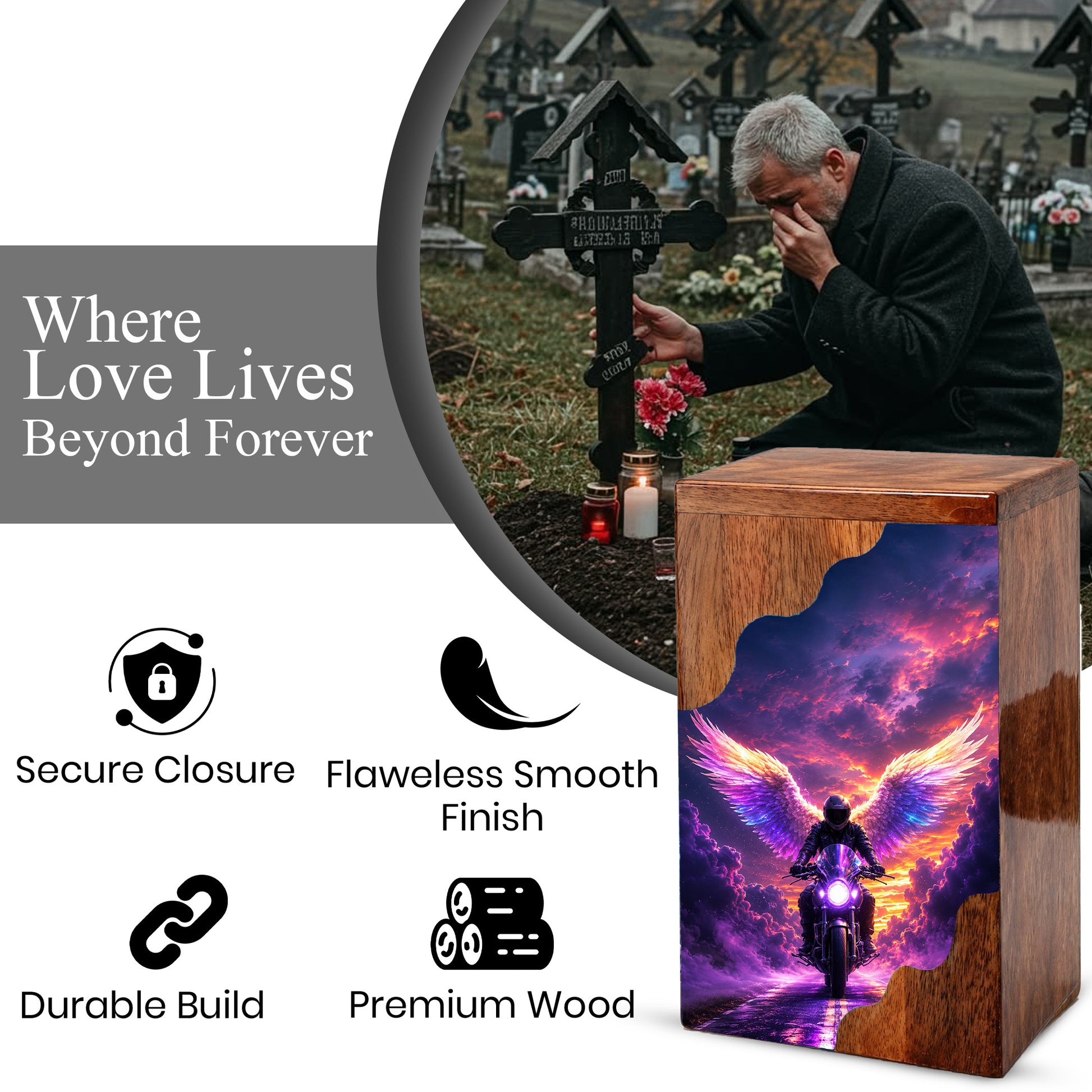 Motorcycle Angel Wings Wooden Cremation Urn – Ride Free Memorial Urn for Human Ashes
