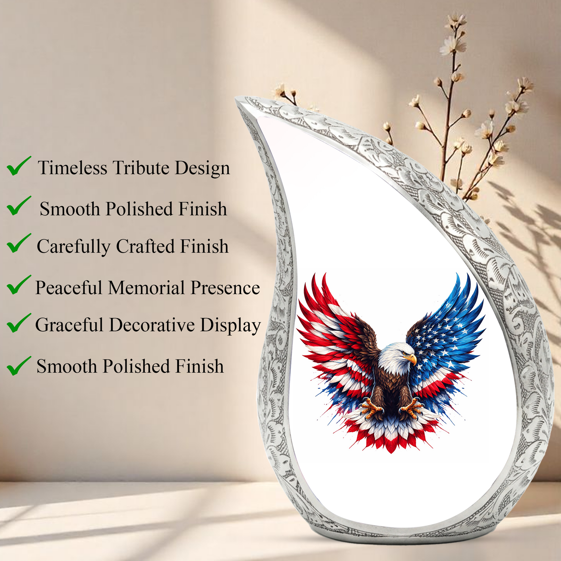 Personalized Patriotic Eagle Cremation Urn – Custom Memorial Urn for Dad, American Bald Eagle Teardrop Aluminum Adult Urn for Ashes, 10 Inch