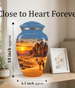Adult Cremation Urn for Ashes, Personalized Desert Camel Aluminum Urn, Sunset Mountain Memorial Urn