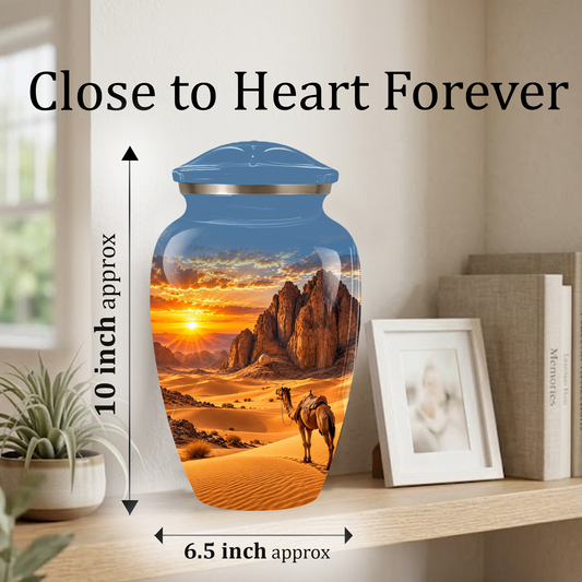 Adult Cremation Urn for Ashes, Personalized Desert Camel Aluminum Urn, Sunset Mountain Memorial Urn