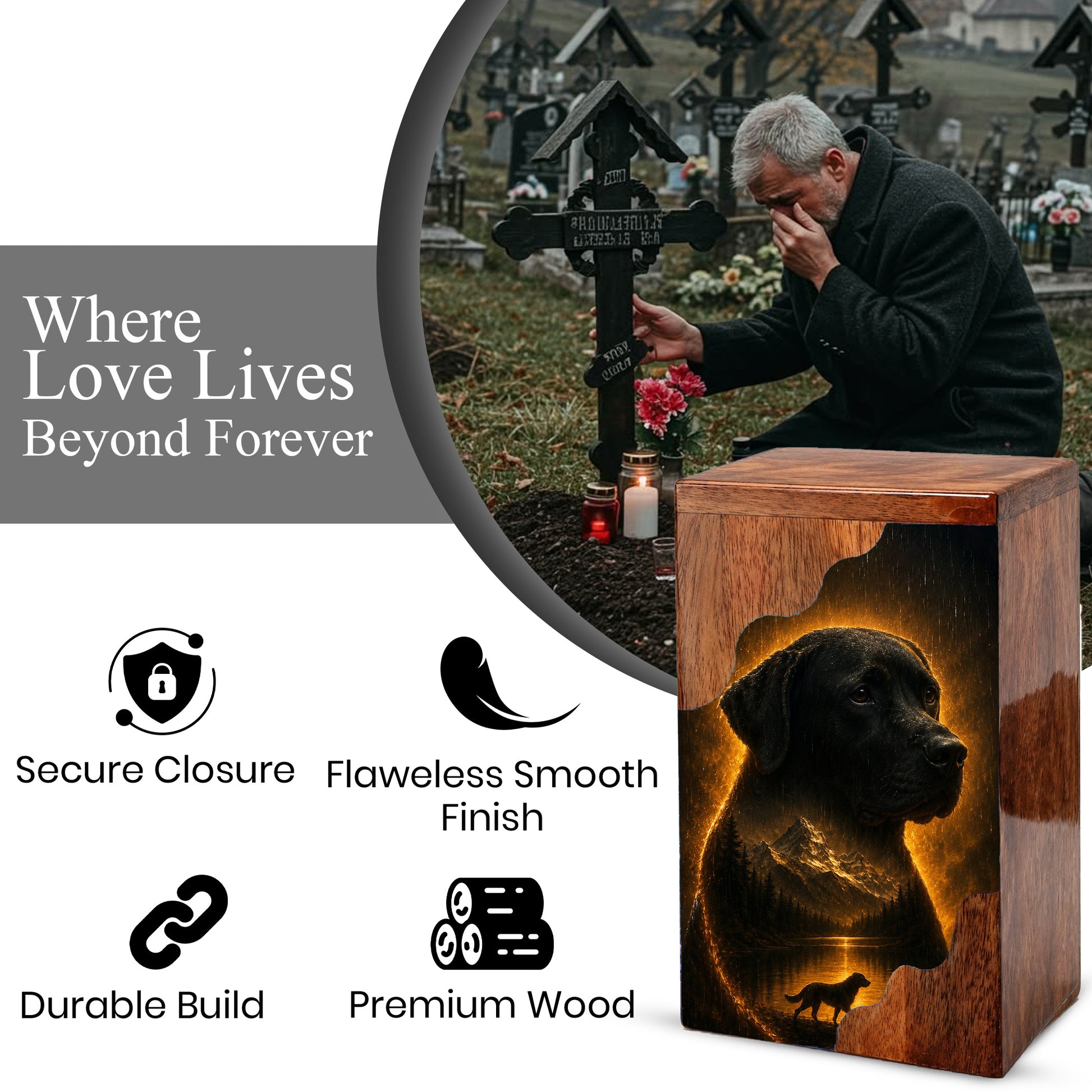 Black Labrador Wooden Cremation Urn for Human Ashes | Personalized Dog Memorial Urn