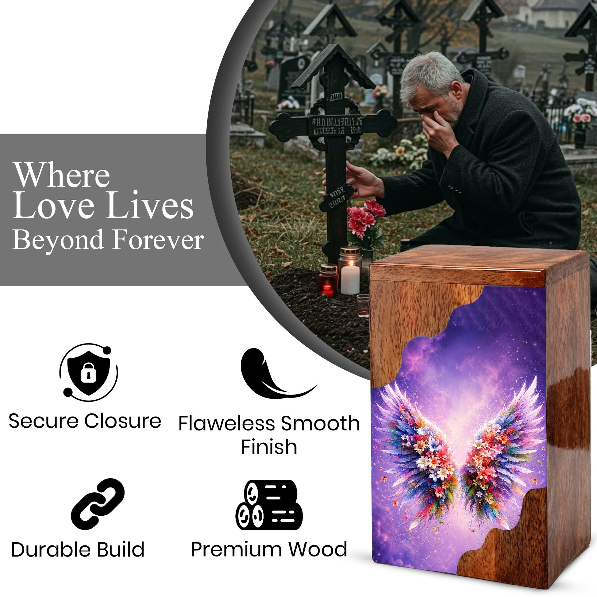 Angel Wings Wooden Cremation Urn – Wooden Urn for Human Ashes