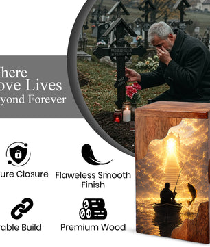 Fishing in Heaven Wooden Cremation Urn – Personalized Memorial Urn for Human Ashes