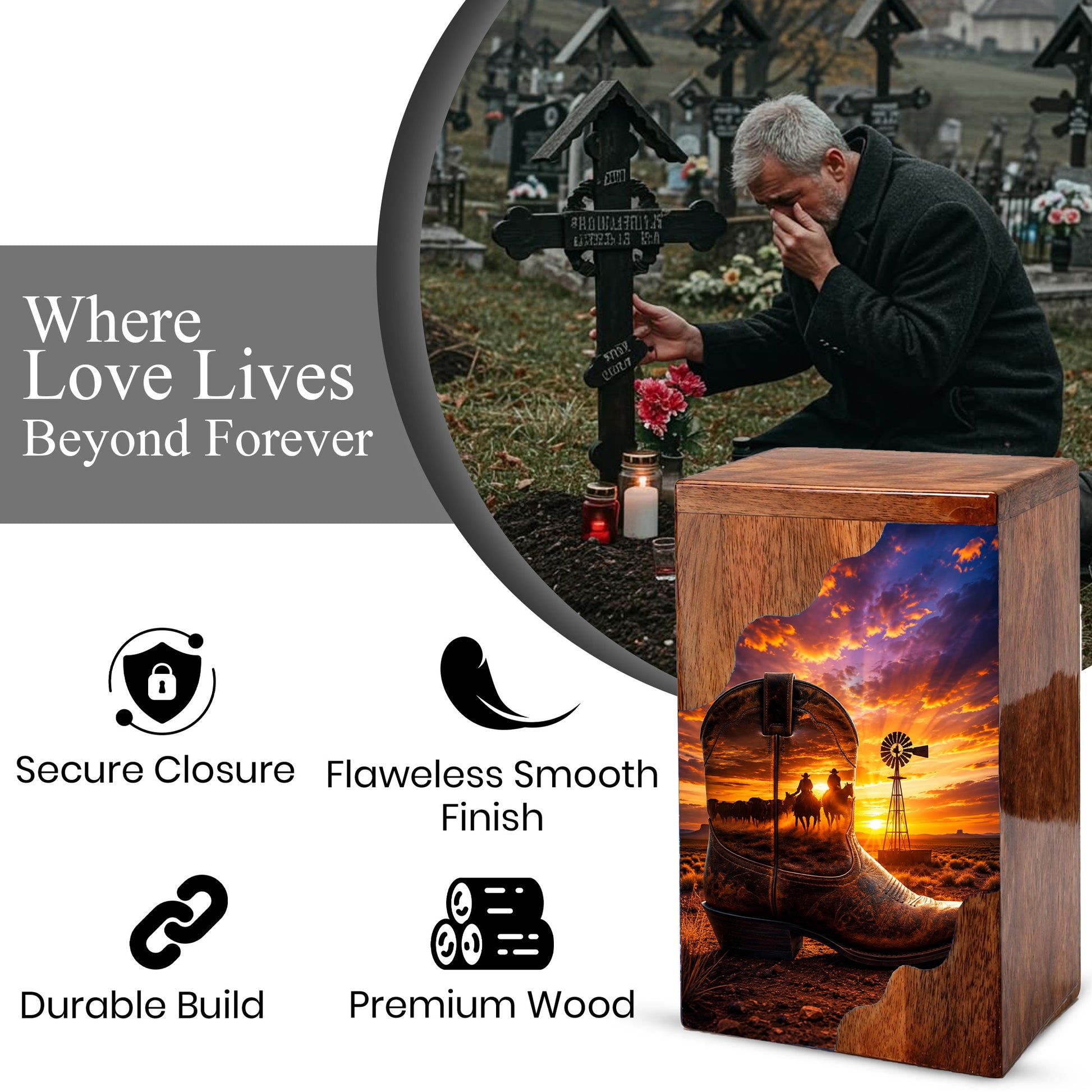 Cowboy Boot Wooden Cremation Urn – Wooden Urn for Human Ashes