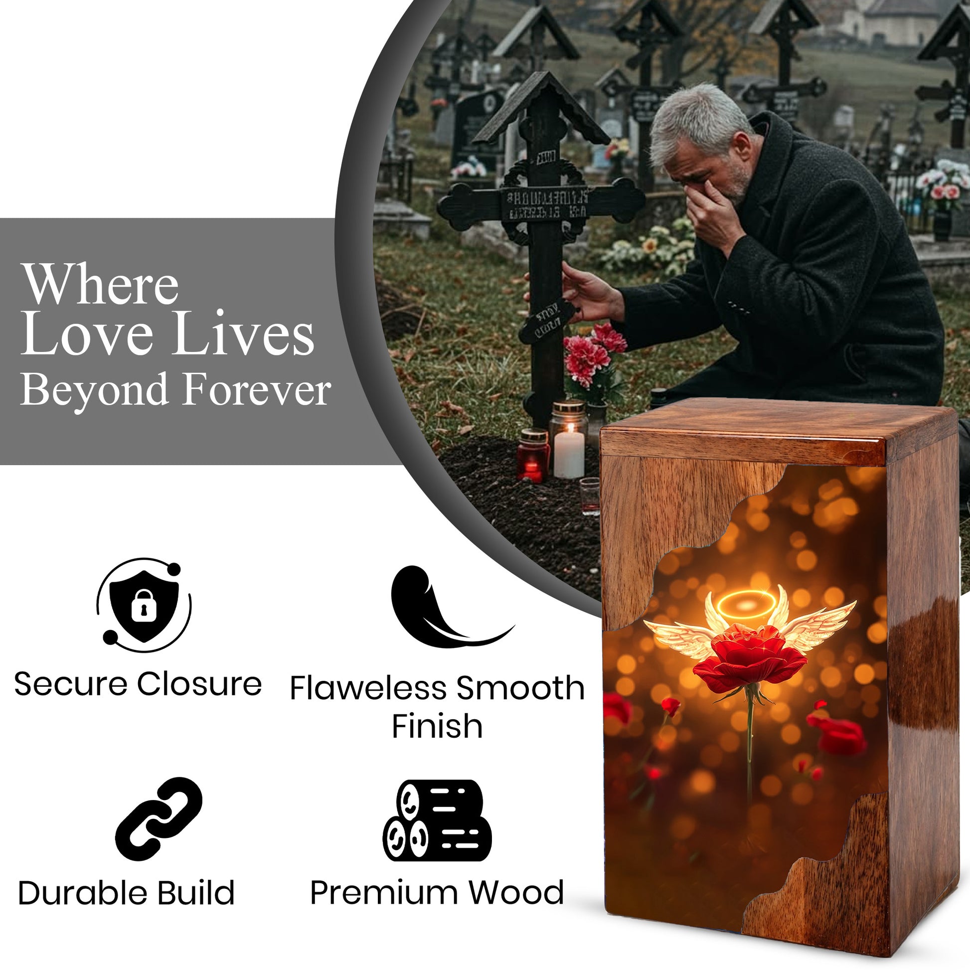 Wooden Cremation Urn – Angel Rose Memorial Urn | Custom Wooden Memorial Urn for Mom