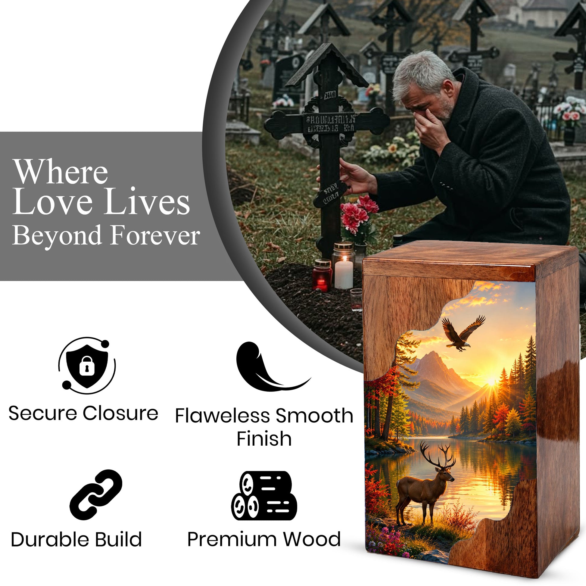 Mountain Wildlife Wooden Cremation Urn – Wooden Urn for Human Ashes