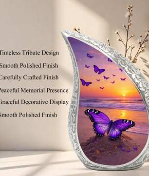 Butterfly Sunset Personalized Cremation Urn – Teardrop Style Aluminum Memorial Urn, 10 Inch