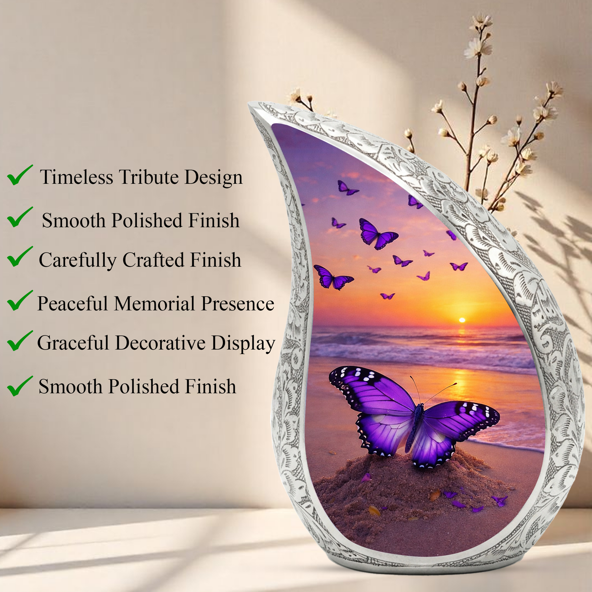Butterfly Sunset Personalized Cremation Urn – Teardrop Style Aluminum Memorial Urn, 10 Inch