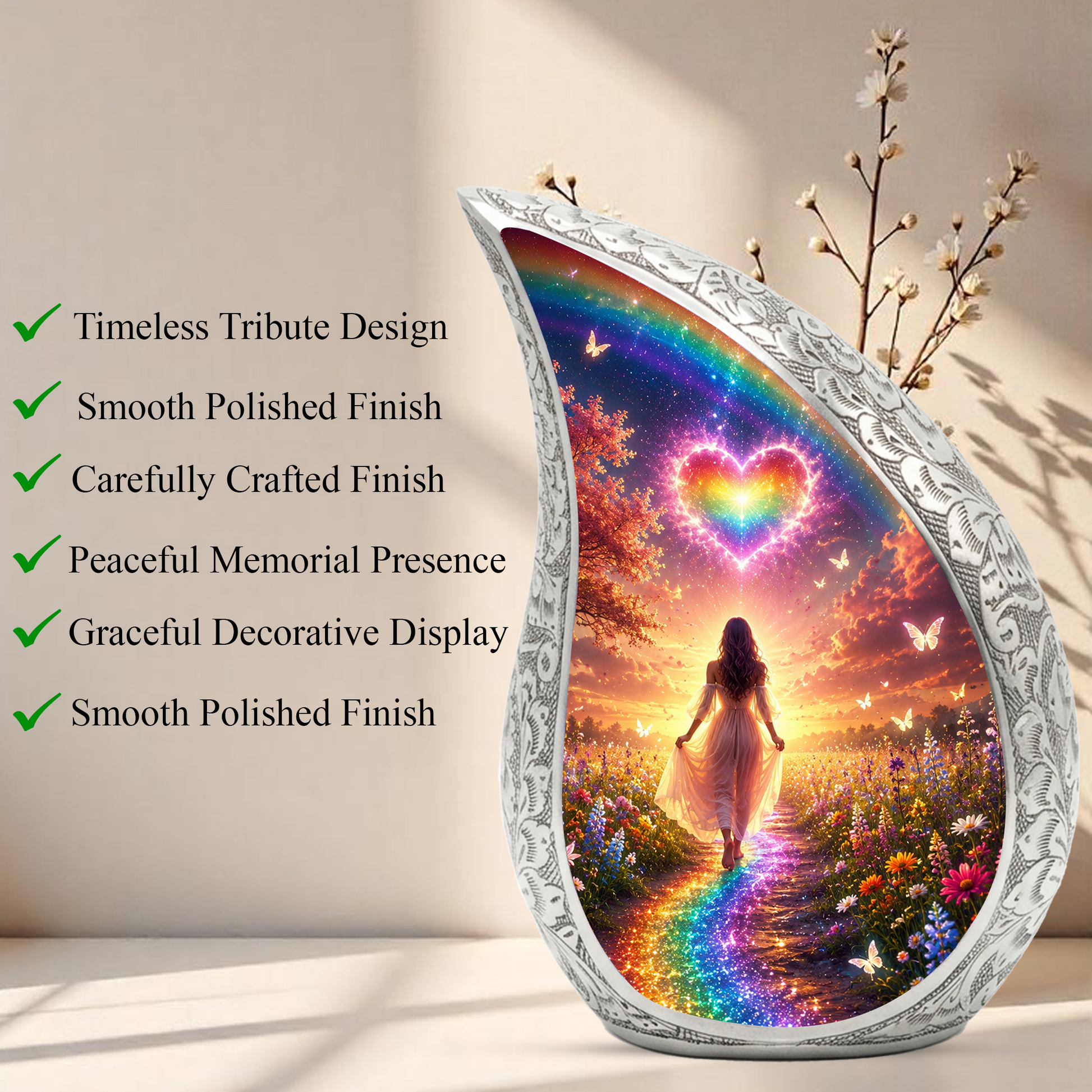 Women Rainbow Heart Urn for Human Ashes – Beautiful Colorful Cremation Urn for Mom