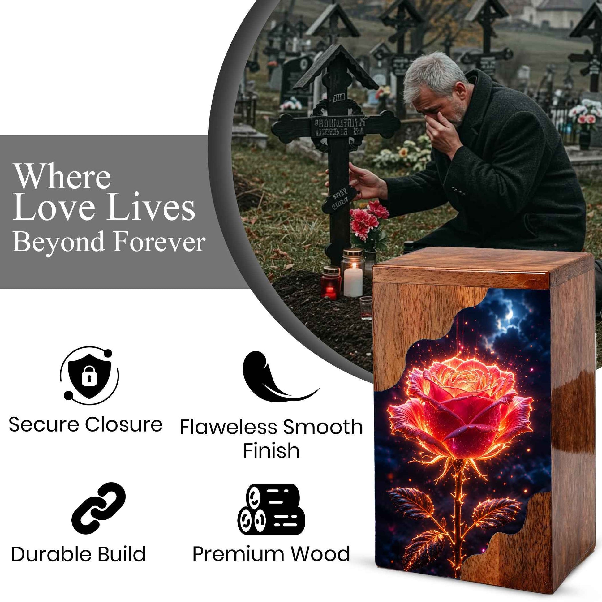 Rose Wooden Cremation Urn for Mom | Handcrafted Floral Memorial Urn for Human Ashes