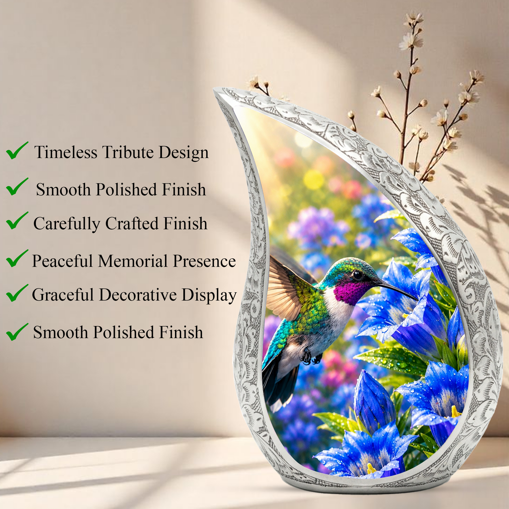 Hummingbird Urn for Human Ashes | Beautiful Hummingbird Adult Cremation Urn | Floral Memorial Urn for Adult Ashes