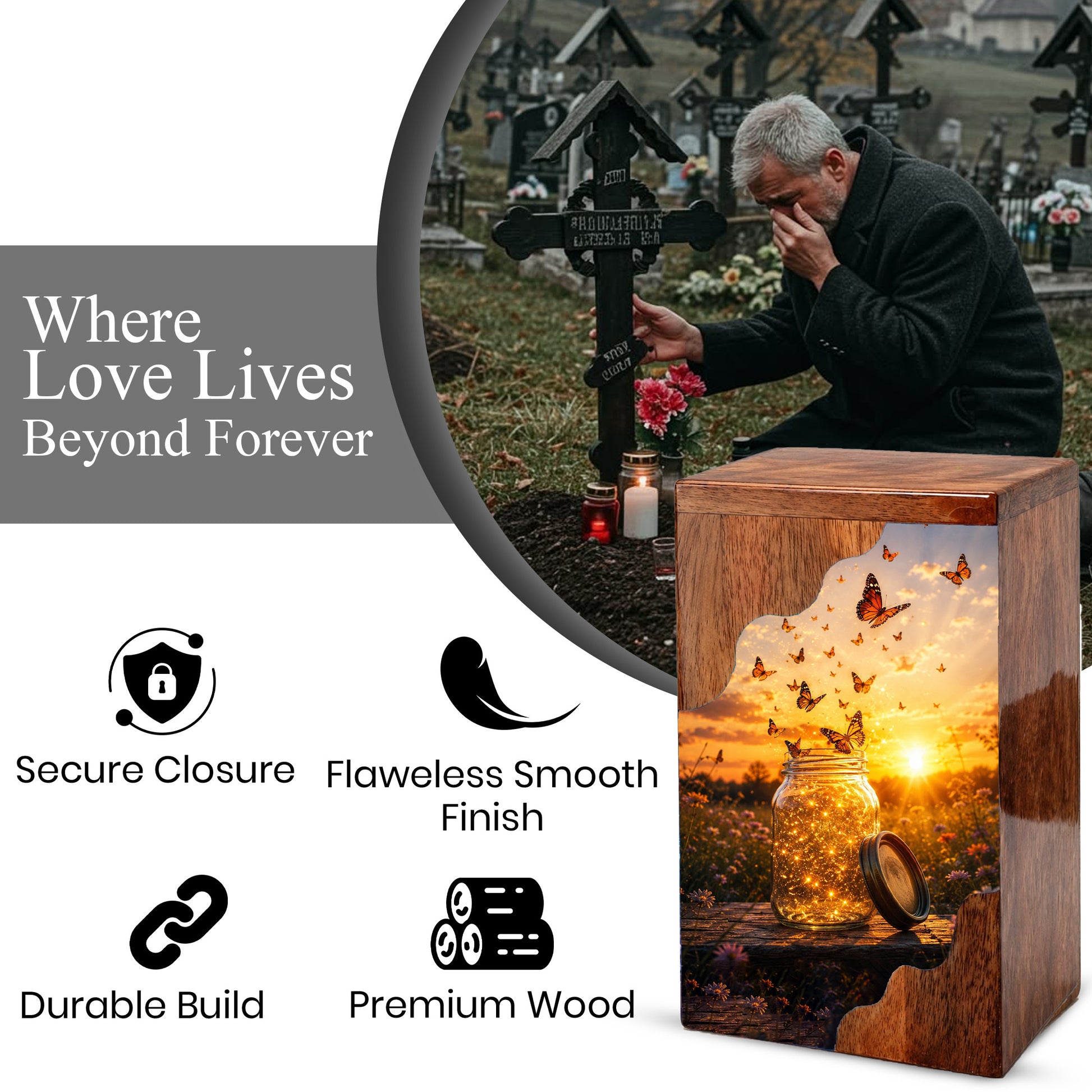 Butterfly Wooden Cremation Urn – Sunset Memorial Urn for Human Ashes
