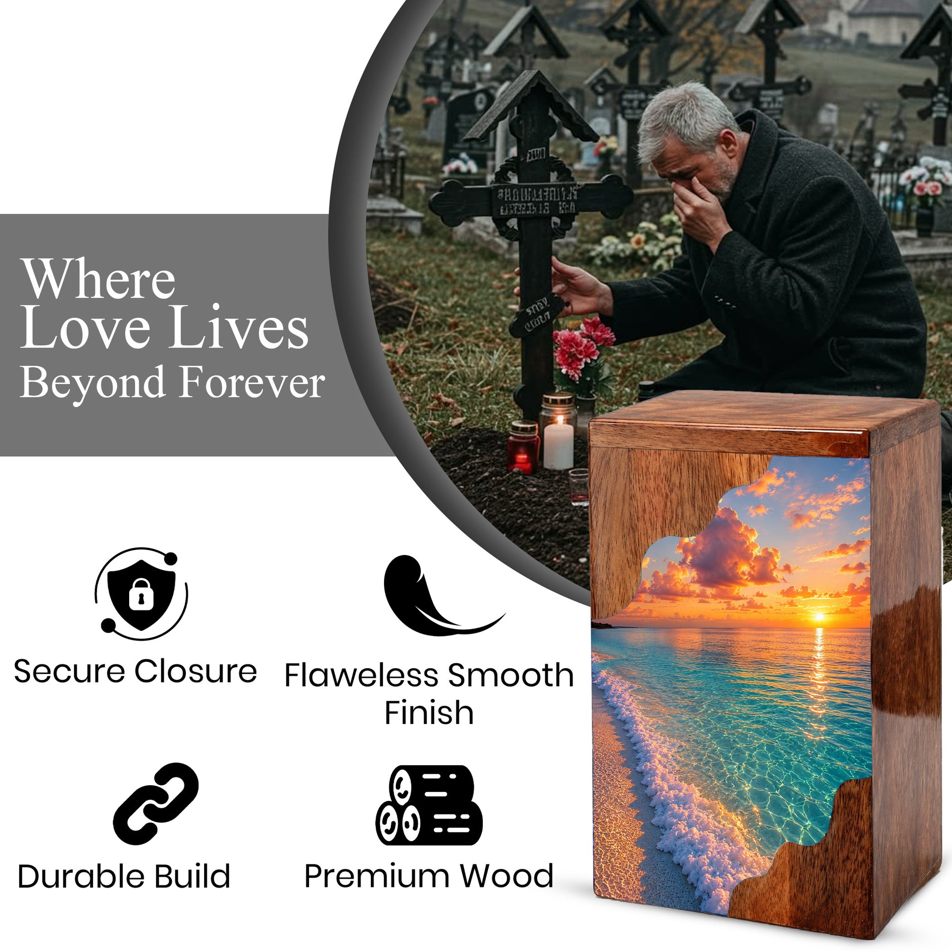 Sunset Beach Wooden Cremation Urn – Personalized Memorial Urn for Human Ashes |
