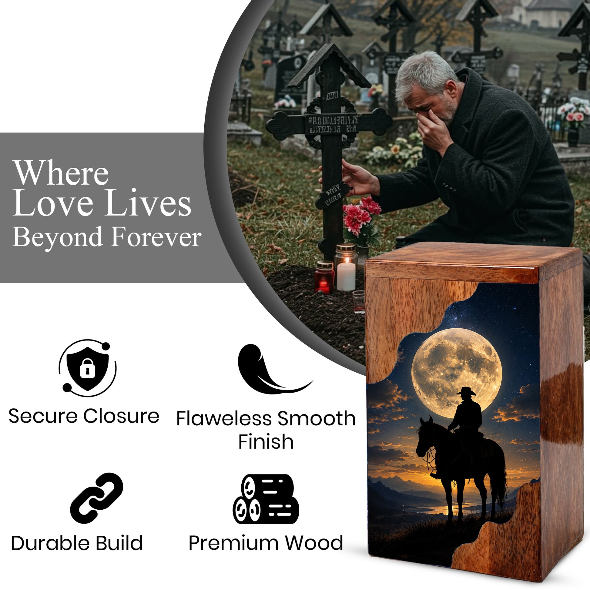 Cowboy Wooden Cremation Urn for Human Ashes
