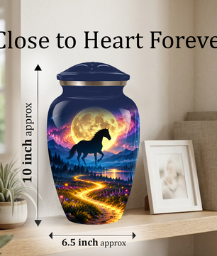 Personalized Adult Cremation Urn for Ashes, Black Horse Under Golden Moon Memorial Urn