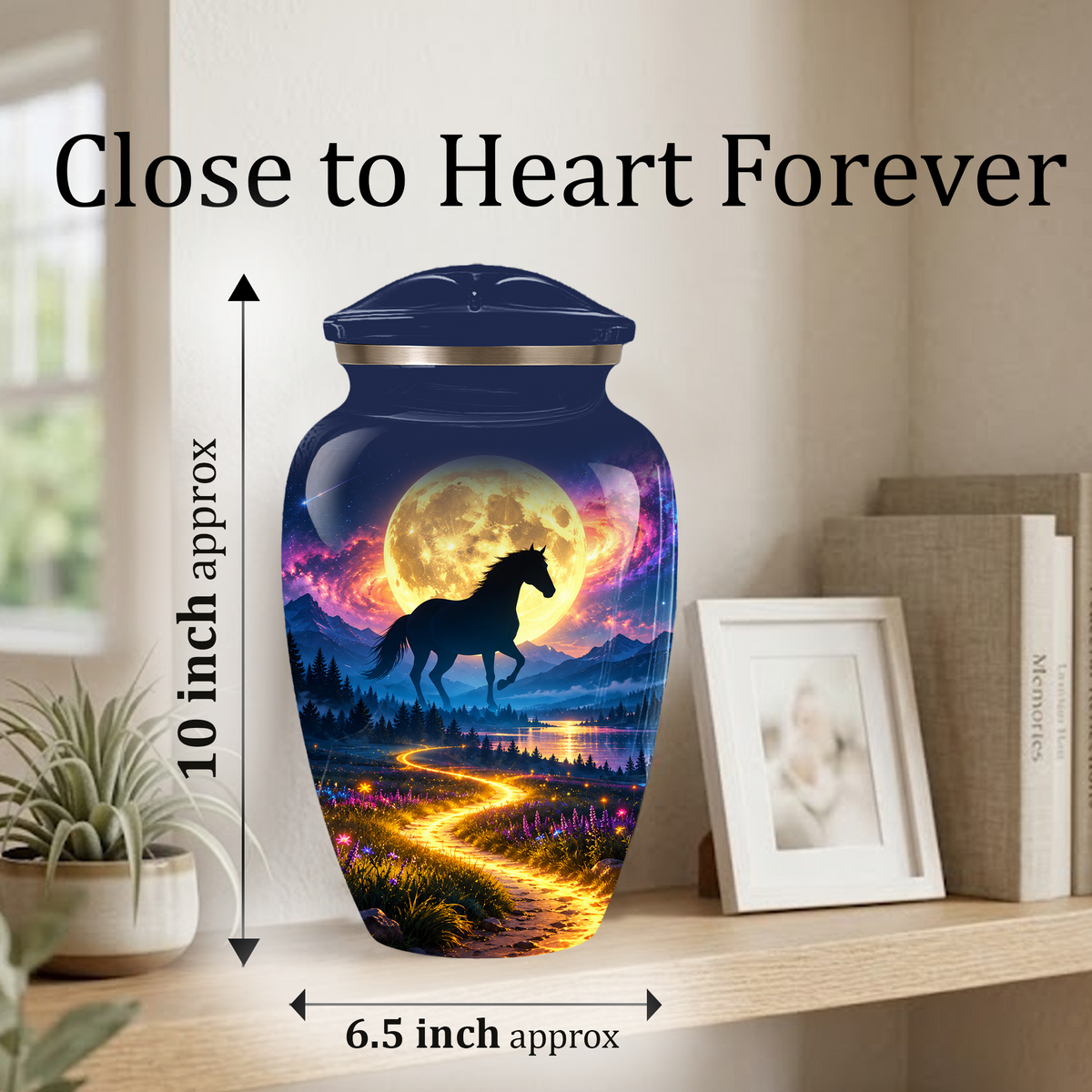 Personalized Adult Cremation Urn for Ashes, Black Horse Under Golden Moon Memorial Urn
