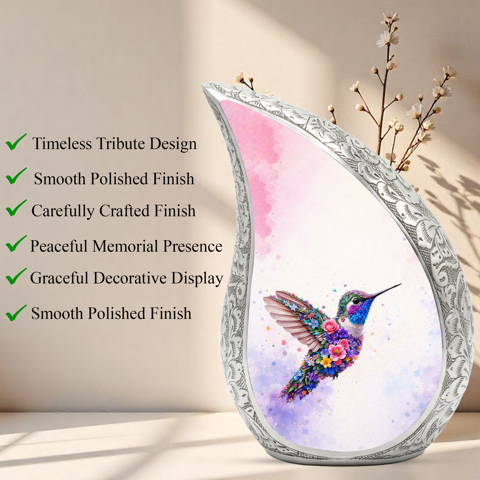 Beautiful Pink Hummingbird Cremation Urn for Adult Ashes