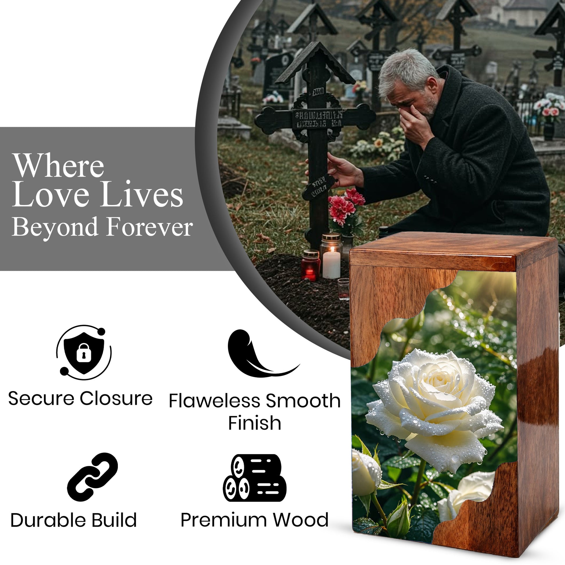 White Rose Wooden Cremation Urn – Wooden Urn for Human Ashes