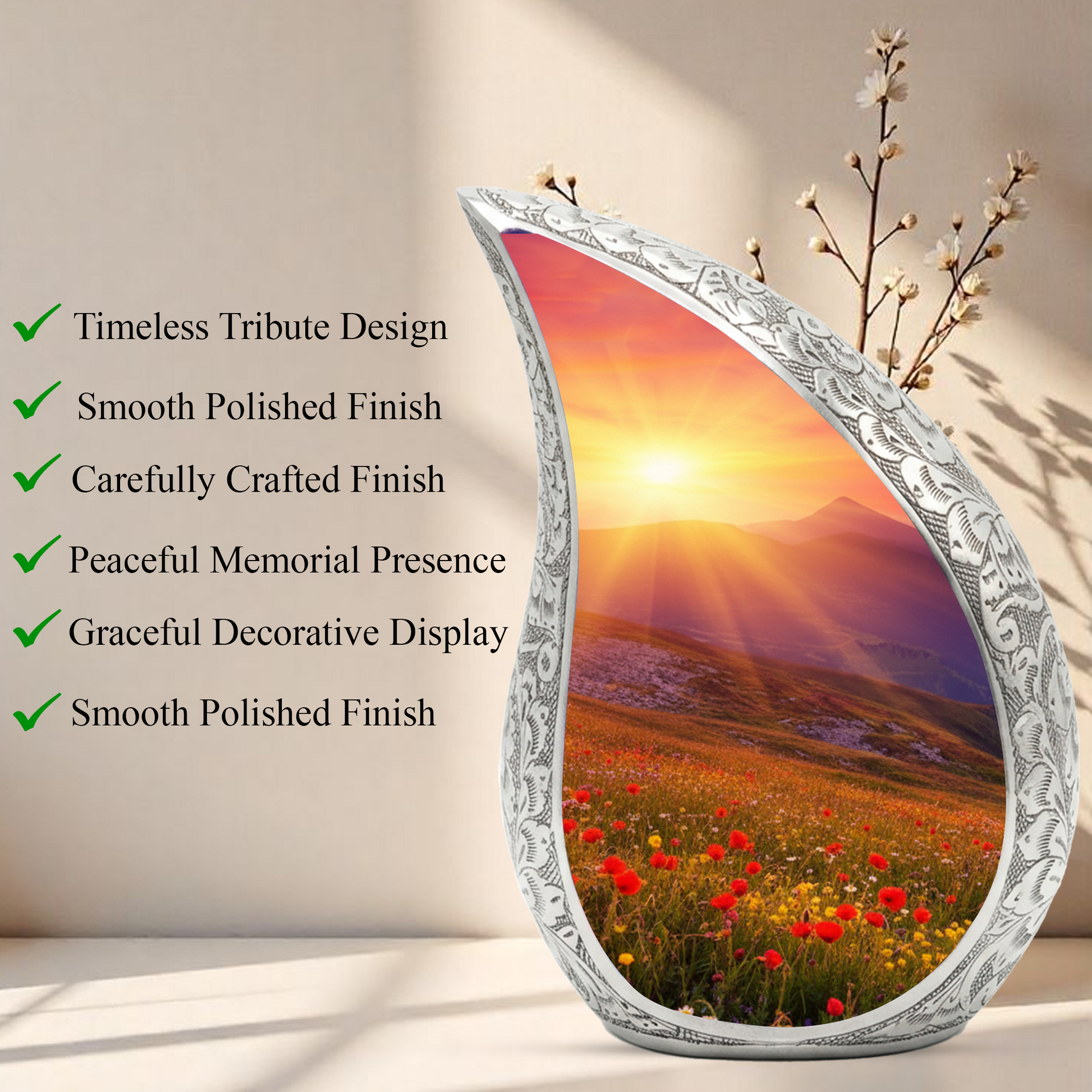 Sunrise Personalized Cremation Urn – Teardrop Style Aluminum Memorial Urn, 10 Inch