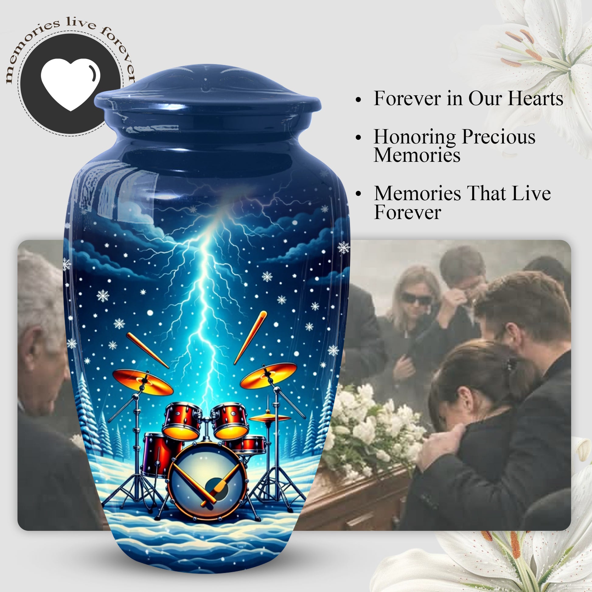 Drummer Adult Cremation Urn | Drum Set Funeral Urn | Music Memorial Adult Large Urn for Human Ashes