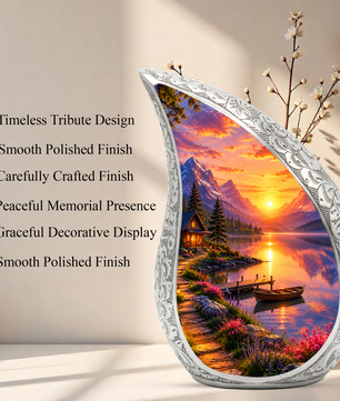 Sunset Lake Cremation Urn for Adult Ashes, Mountain Landscape Memorial Urn