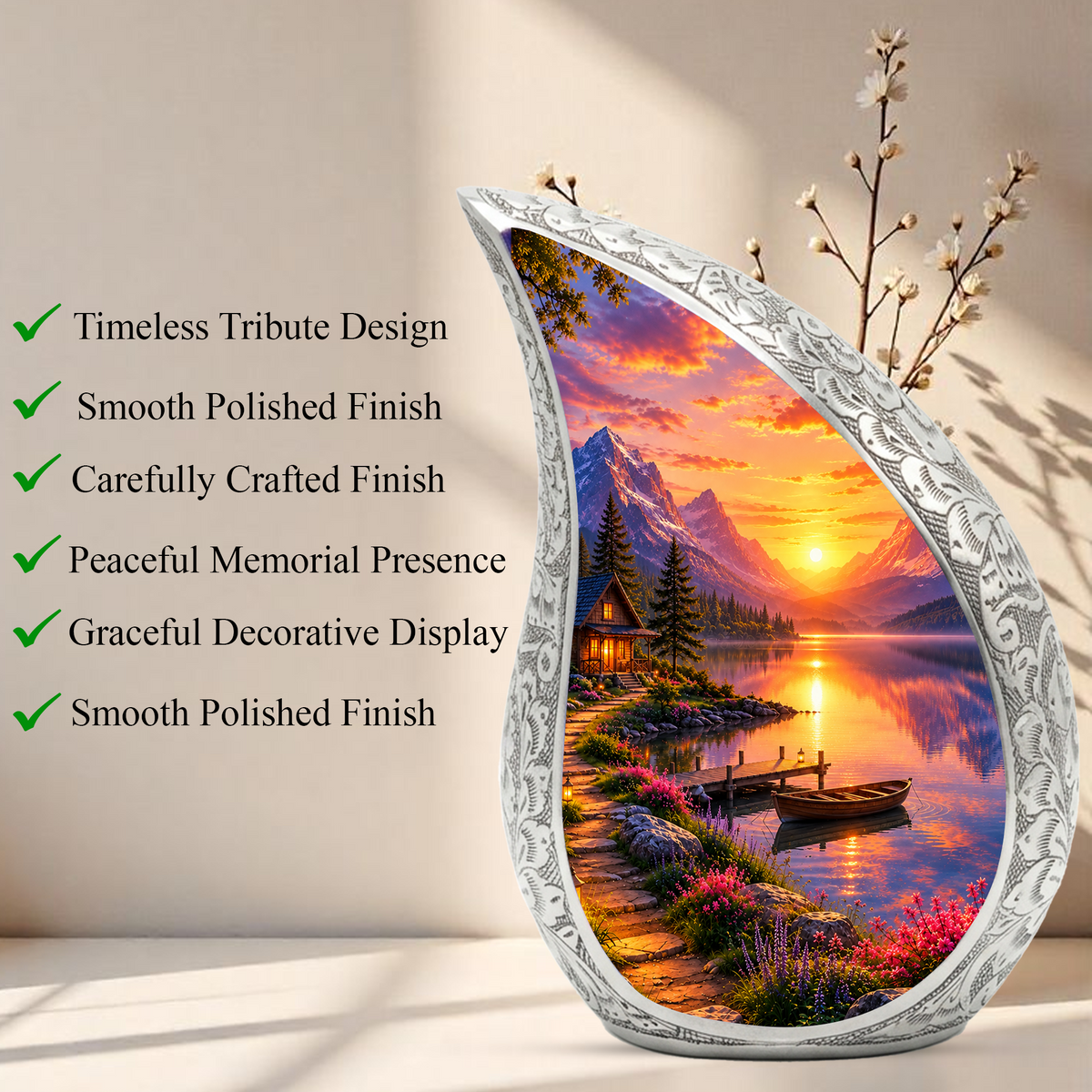 Sunset Lake Cremation Urn for Adult Ashes, Mountain Landscape Memorial Urn