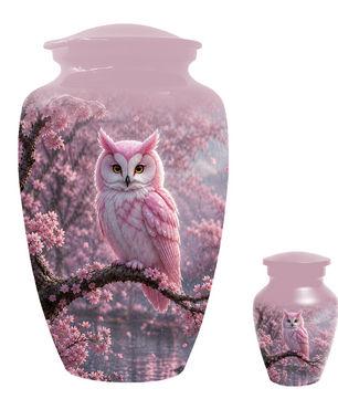 Pink Owl Cremation Urn for Mom, Cherry Blossom Memorial Urns for Ashes