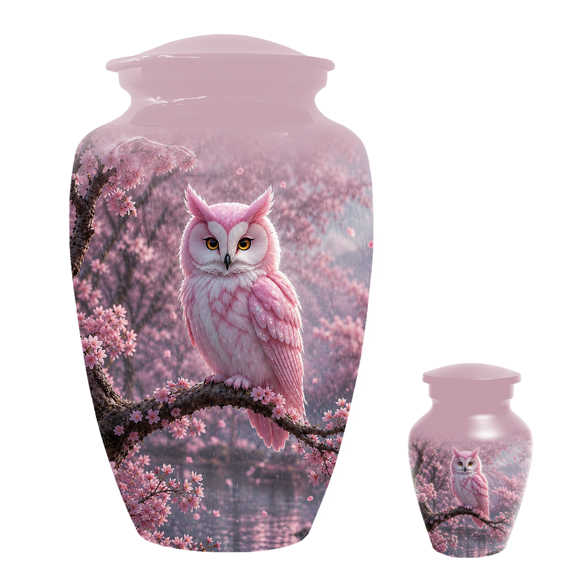 Pink Owl Cremation Urn for Mom, Cherry Blossom Memorial Urns for Ashes