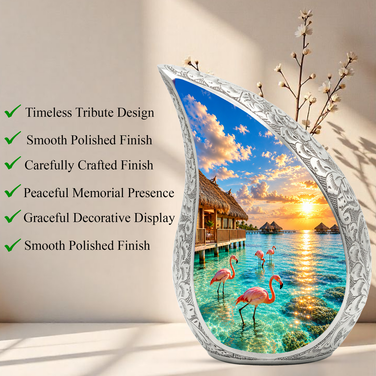 Flamingo Cremation Urn for Ashes, Tropical Beach Sunset Adult Memorial Urn