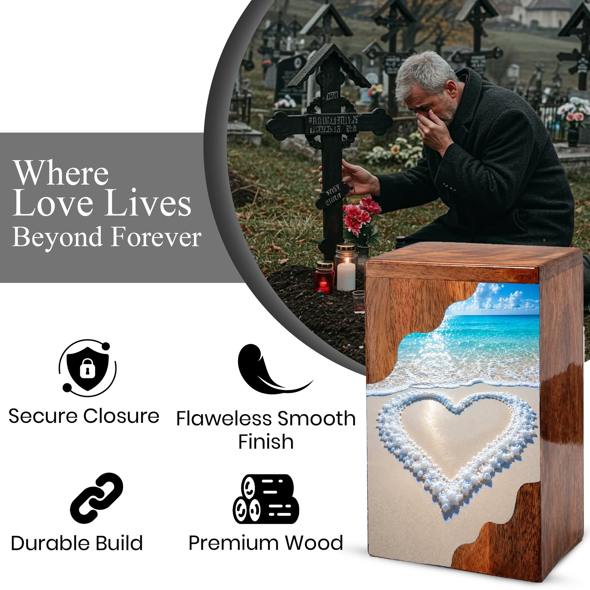Heart in the Sand Wooden Cremation Urn – Personalized Memorial Urn for Human Ashes