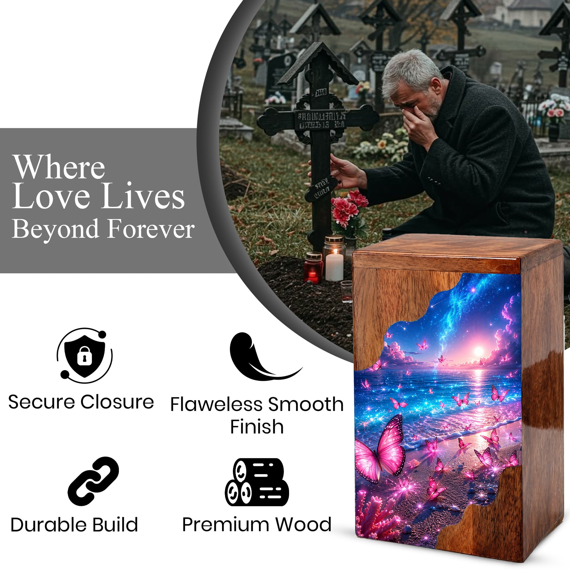 Celestial Butterfly Wooden Cremation Urn – Butterfly Memorial Urn for Human Ashes