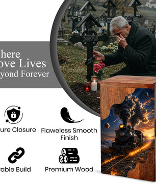 Steam Train Wooden Cremation Urn for Human Ashes | Personalized Railroad Memorial Urn
