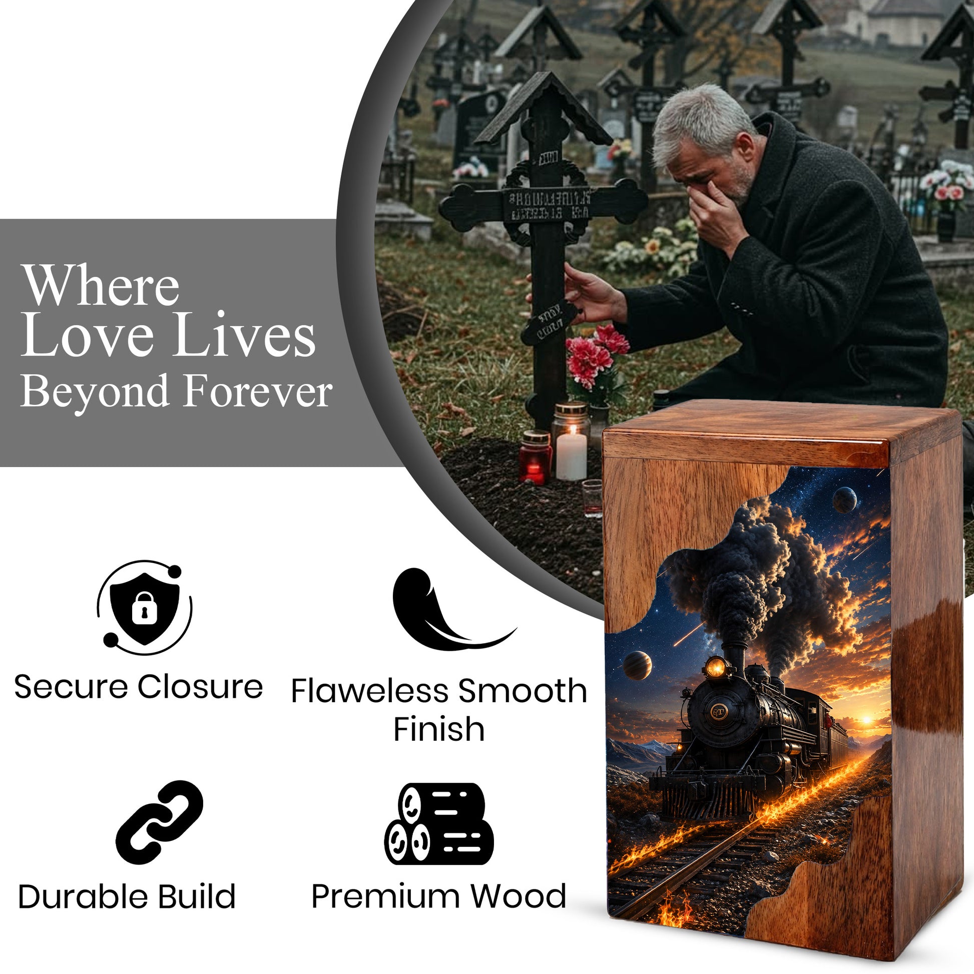 Steam Train Wooden Cremation Urn for Human Ashes | Personalized Railroad Memorial Urn