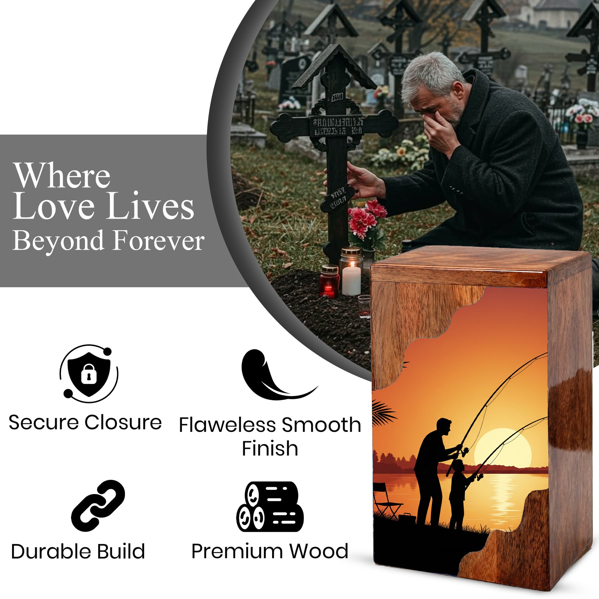 Sunset Fishing Wooden Cremation Urn – Gone Fishing Memorial Wooden Urn for Human Ashes