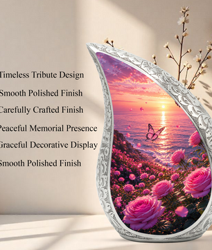 Flower Beach Urn for Mom – Pink Rose Ocean Sunset Cremation Urn for Human Ashes,