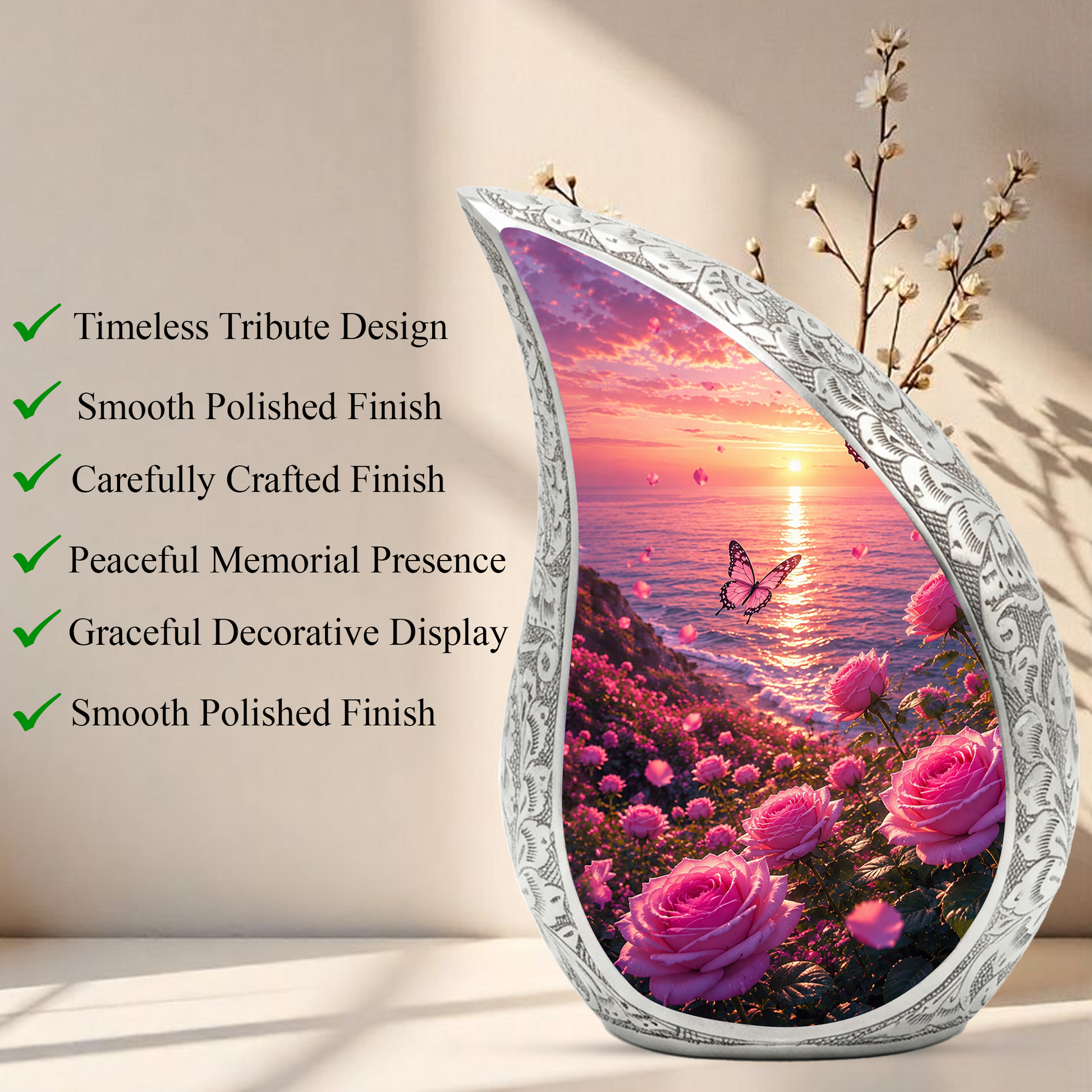 Flower Beach Urn for Mom – Pink Rose Ocean Sunset Cremation Urn for Human Ashes,