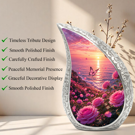 Flower Beach Urn for Mom – Pink Rose Ocean Sunset Cremation Urn for Human Ashes,