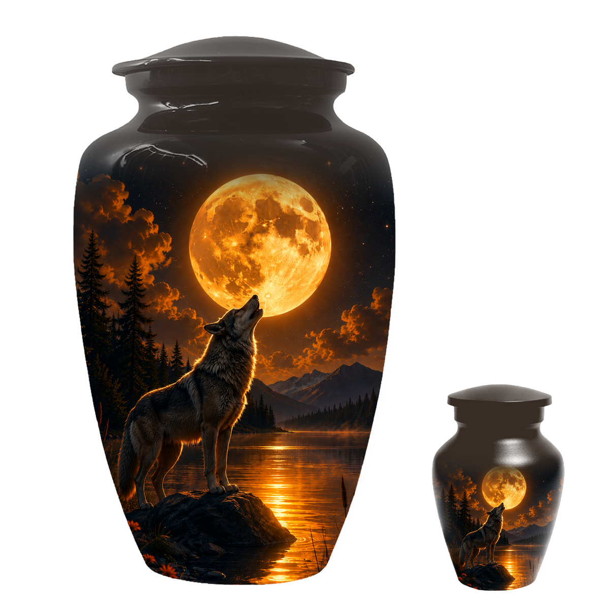 Wolf Cremation Urn for Dad - Mountain Lake Memorial Large Keepsake Urns