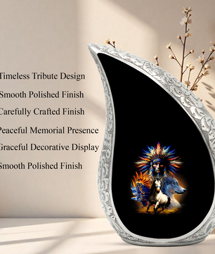 Native American Urns for Dad – Personalized Cremation Urn for Adult Male with Wolf & Horse Spirit Art