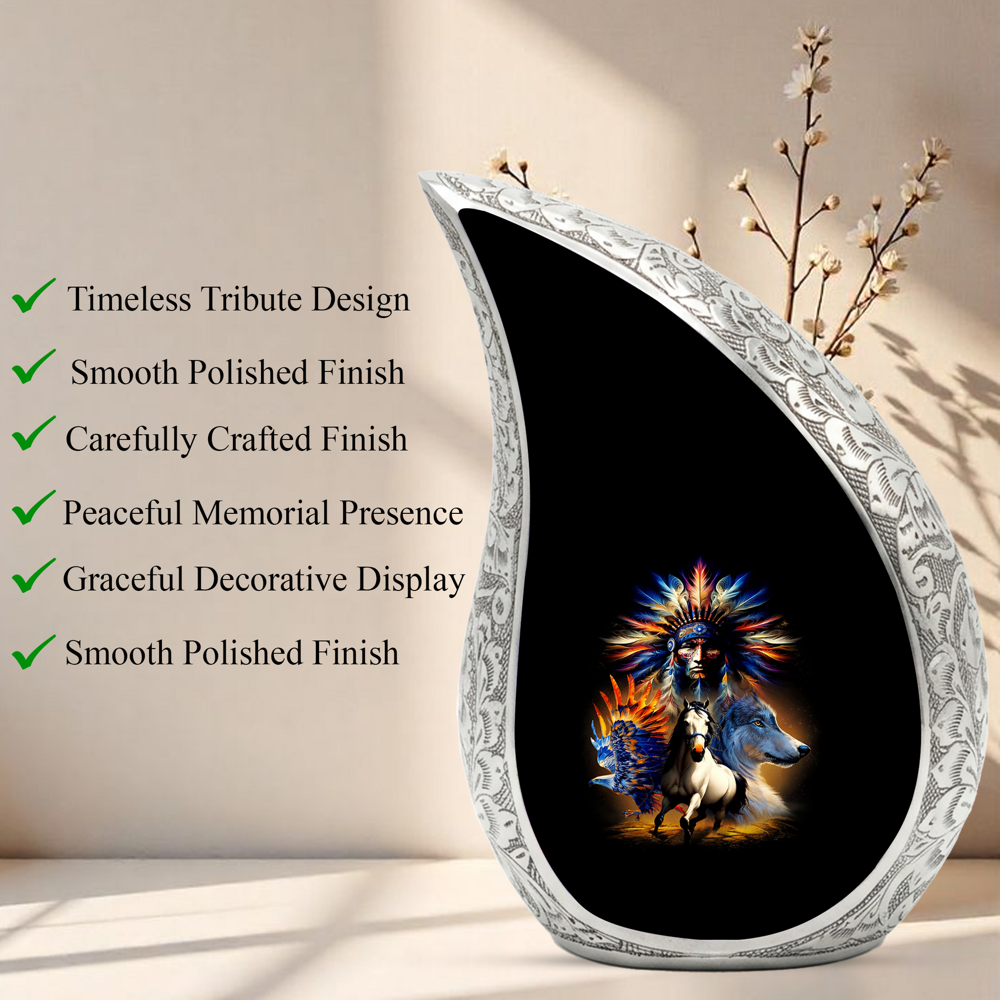 Native American Urns for Dad – Personalized Cremation Urn for Adult Male with Wolf & Horse Spirit Art