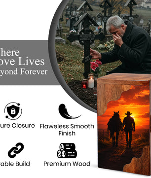Cowboy Wooden Cremation Urn – Sunset Horse Memorial Urn for Human Ashes | Rustic Tribute Urn for Dad