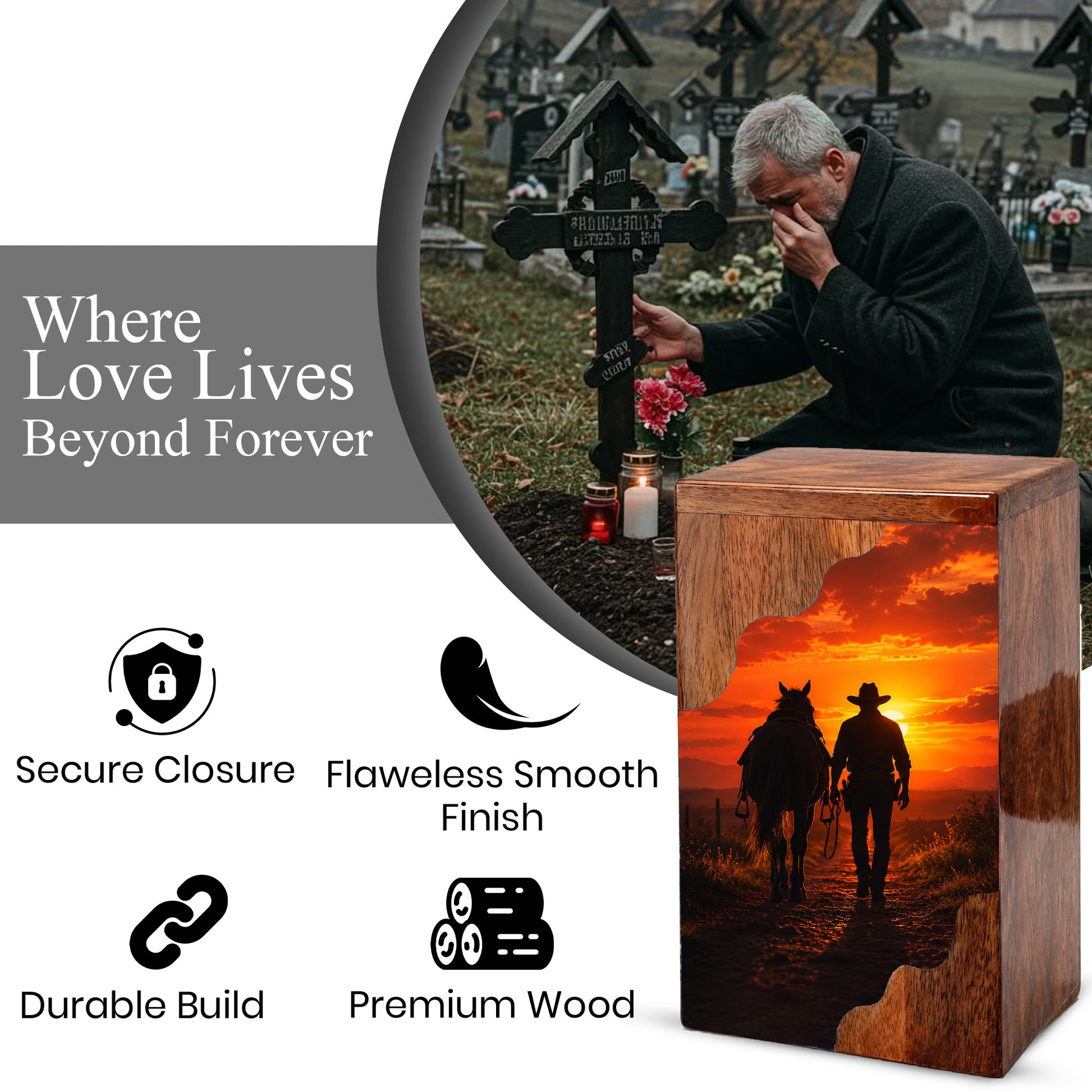 Cowboy Wooden Cremation Urn – Sunset Horse Memorial Urn for Human Ashes | Rustic Tribute Urn for Dad