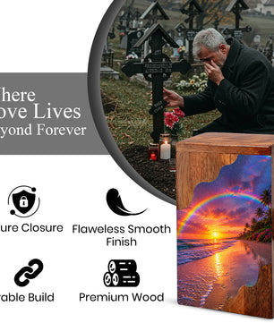 Beach Wooden Cremation Urn for Human Ashes | Rainbow Ocean Sunset Memorial Urn