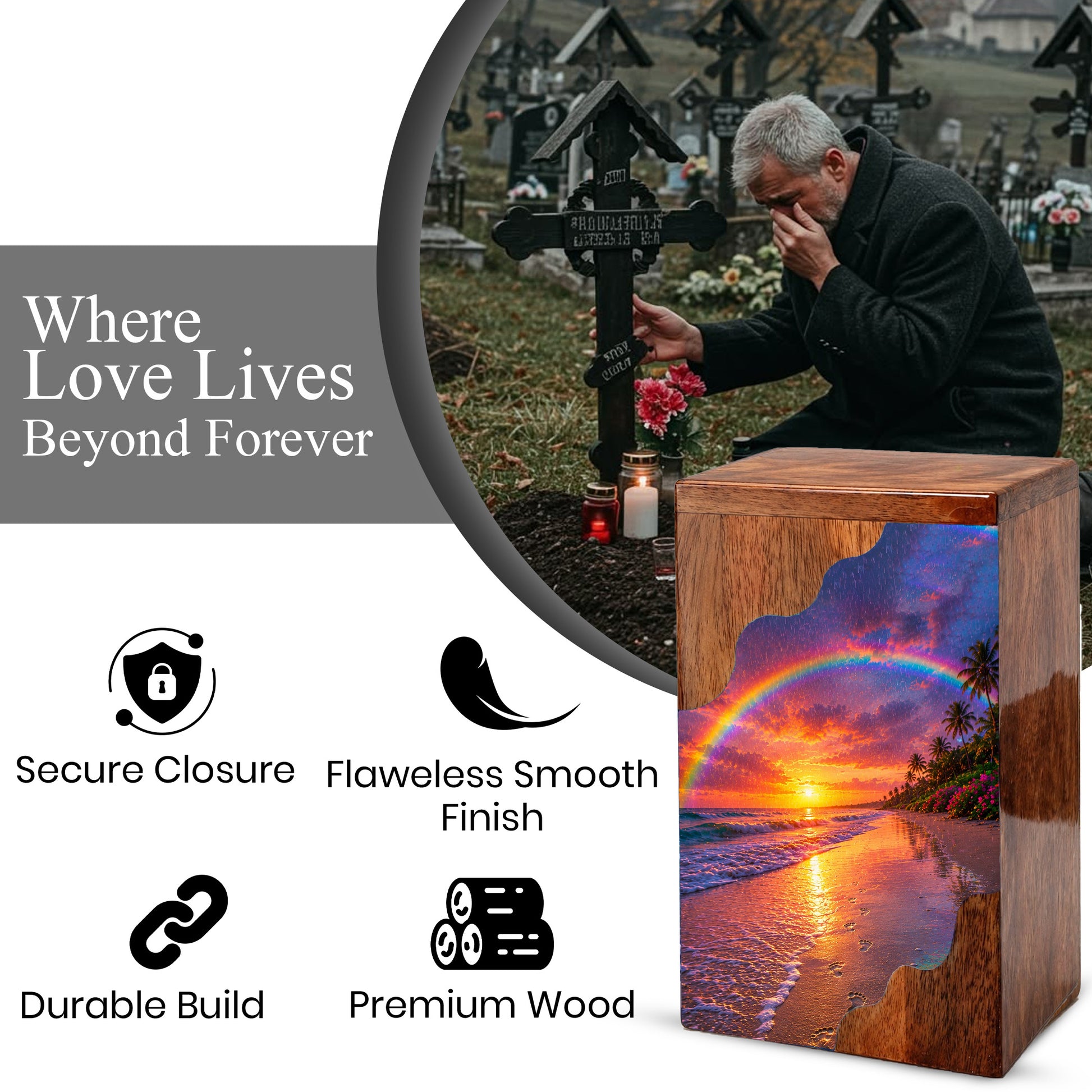 Beach Wooden Cremation Urn for Human Ashes | Rainbow Ocean Sunset Memorial Urn